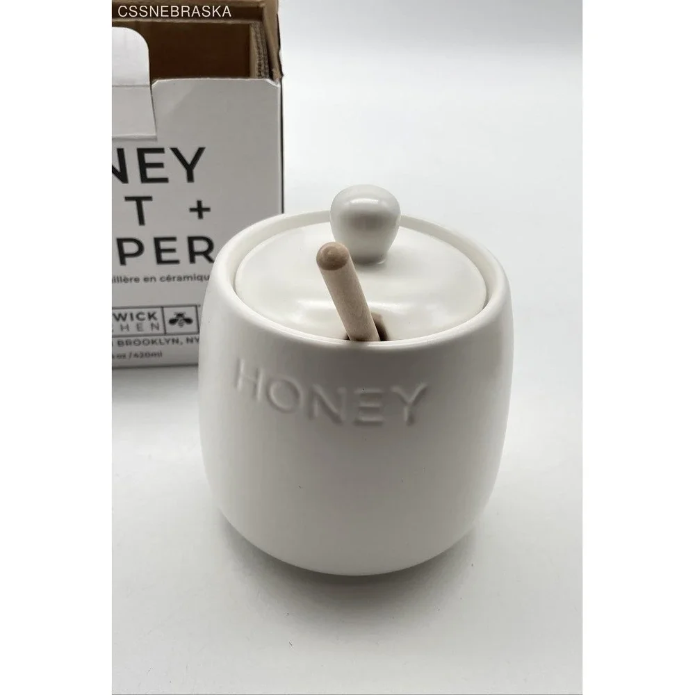 New Bushwick Kitchen Honey Pot‎ with Dipper Ceramic Jar with Lid | 14 oz